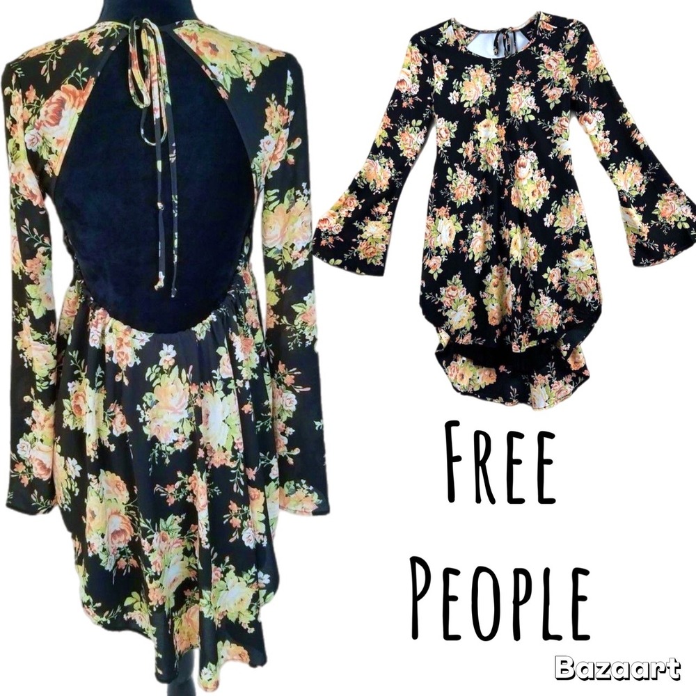 Free People Backless Long Sleeve Mini Dress Rose Floral Whimsical Hobo Black XS